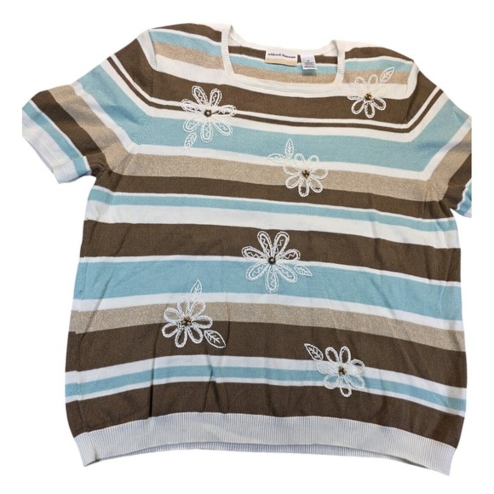 Vintage Alfred Dunner Floral Striped Short Sleeve Knit Top 2X Blue Brown